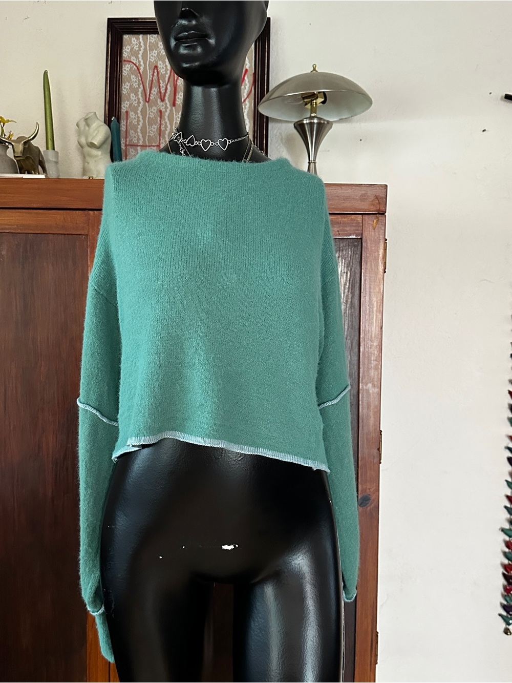 Free People Cropped Women's Open Back Balloon Sleeve Boatneck Sweater NWT
